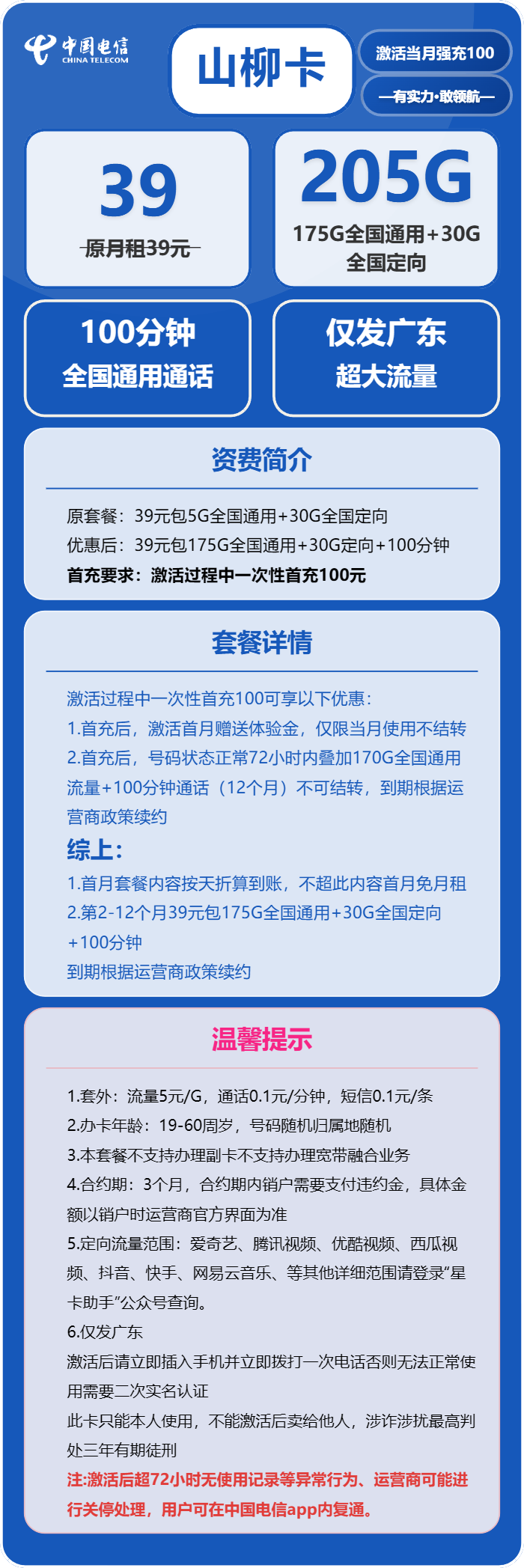 电信山柳卡39元/月:205G流量+100分钟通话(长期套餐,仅发广东省内)