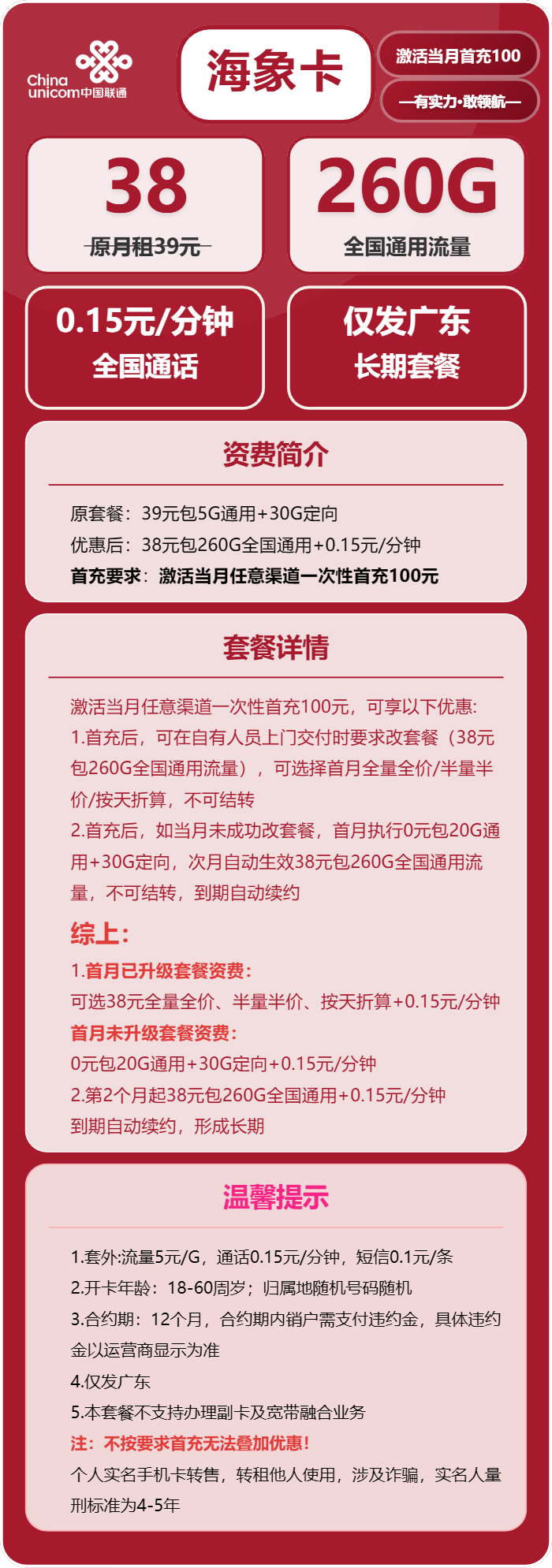联通海象卡38元/月:260G流量+通话0.15元/分钟(长期套餐,仅发广东省内)