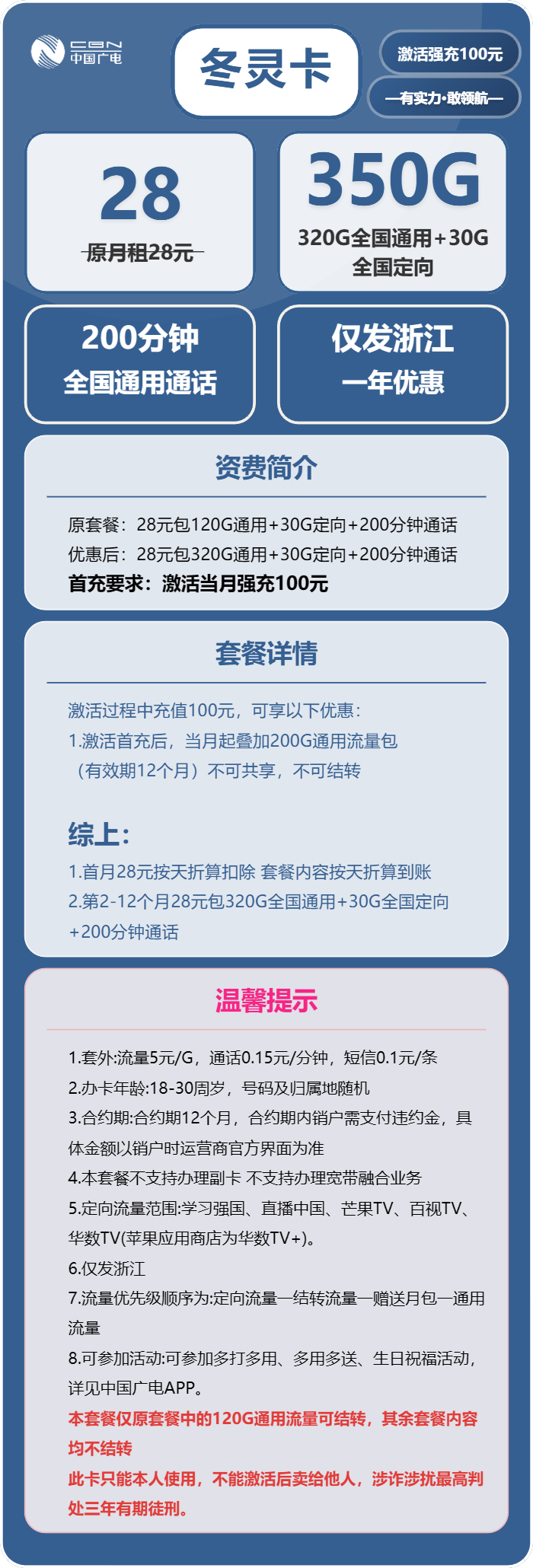 广电冬灵卡28元/月：350G流量+200分钟通话（仅发浙江省内）