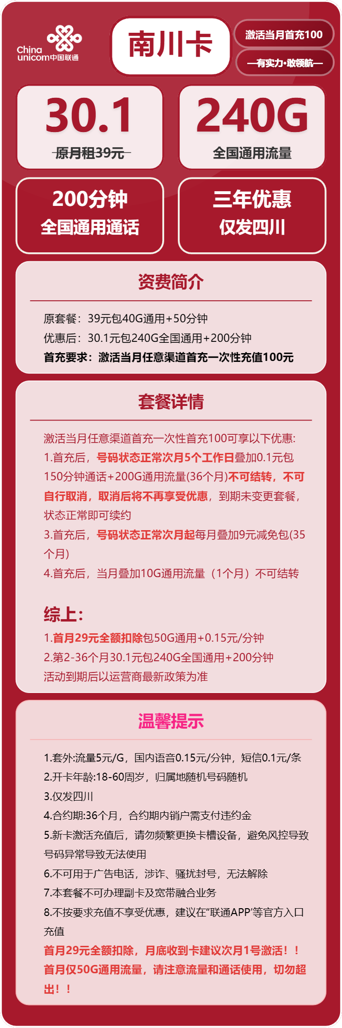 联通南川卡30.1元/月:240G流量+200分钟通话(仅发四川省内)