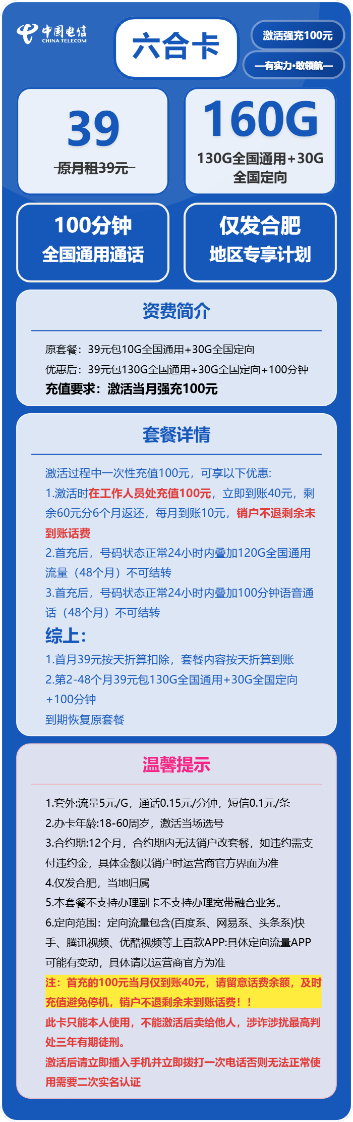 电信六合卡39元/月:160G流量+100分钟通话(4年套餐,仅发安徽省合肥市)