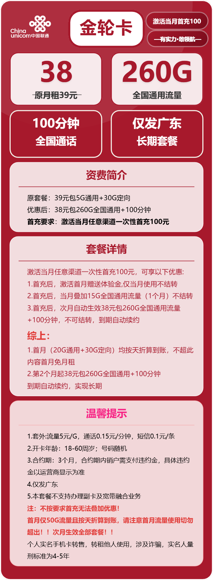 联通金轮卡38元/月:260G流量+100分钟通话(长期套餐,仅发广东省内)