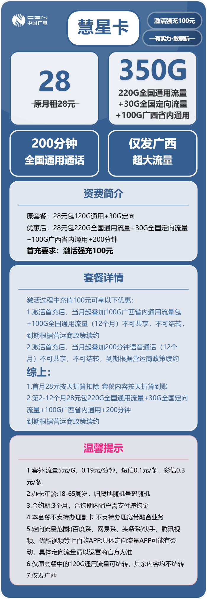 广电彗星卡28元/月:350G流量+200分钟通话(仅发广西省内)