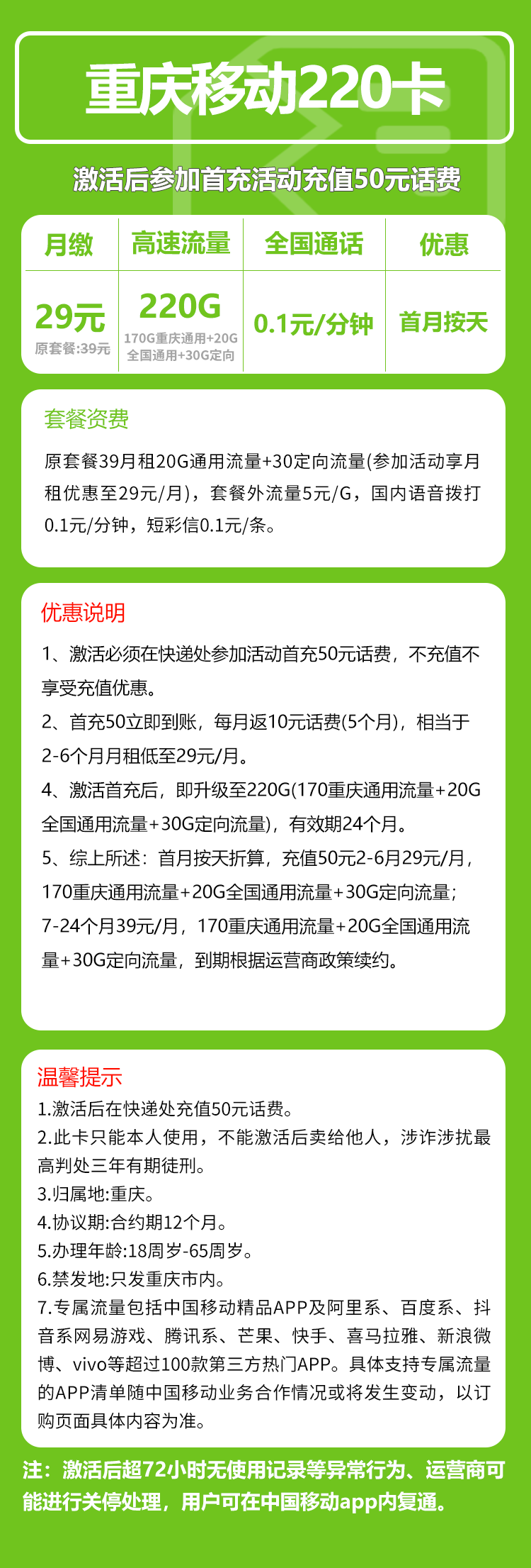 移动重庆市内200卡29元/月：220G流量+通话0.1元/分钟（仅发重庆市内）