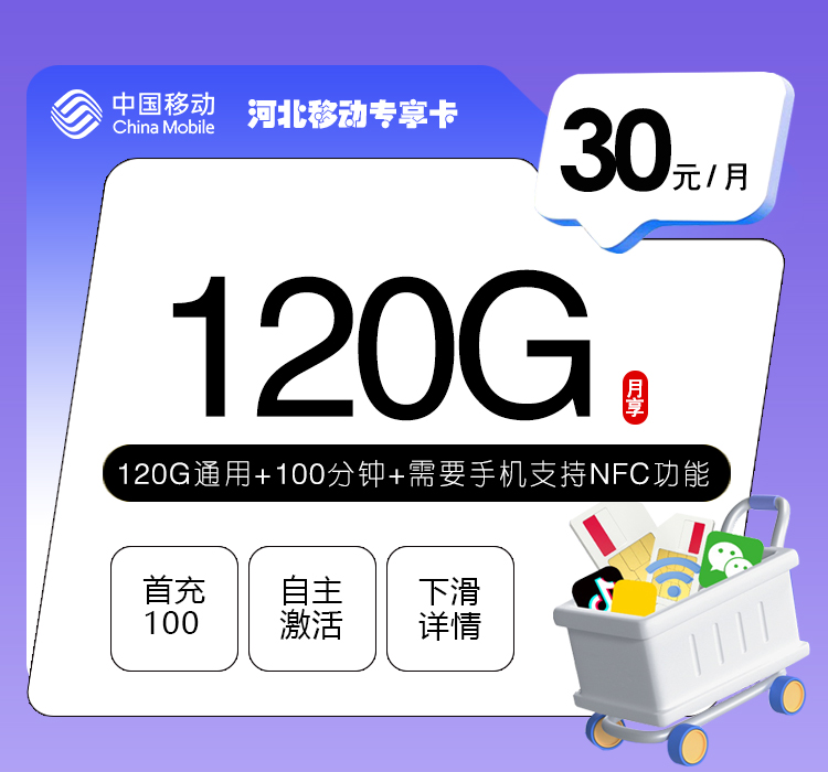 移动河北专享卡30元/月：120G流量+100分钟通话（仅发河北省内，激活需安卓手机支持NFC功能）
