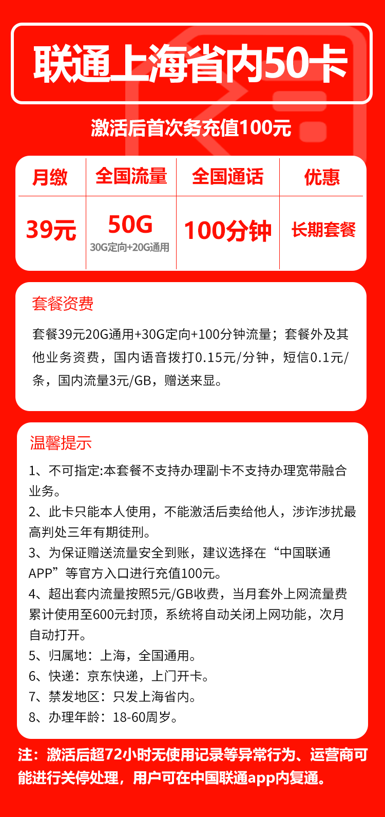 联通上海省内50卡39元/月：50G流量+100分钟通话（长期套餐，仅发上海市内）