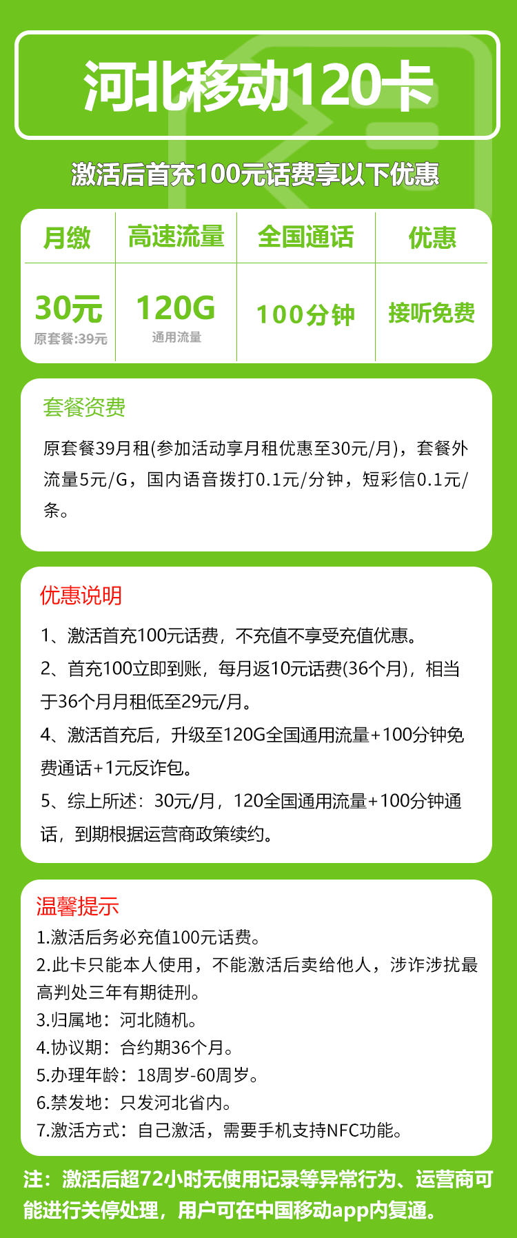 移动河北120卡30元/月:120G流量+100分钟通话(仅发河北省内,激活需安卓手机支持NFC功能)