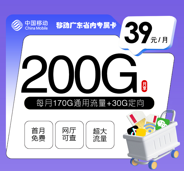 移动广东专属卡③39元/月200G流量+通话0.19元/分钟-套餐说明