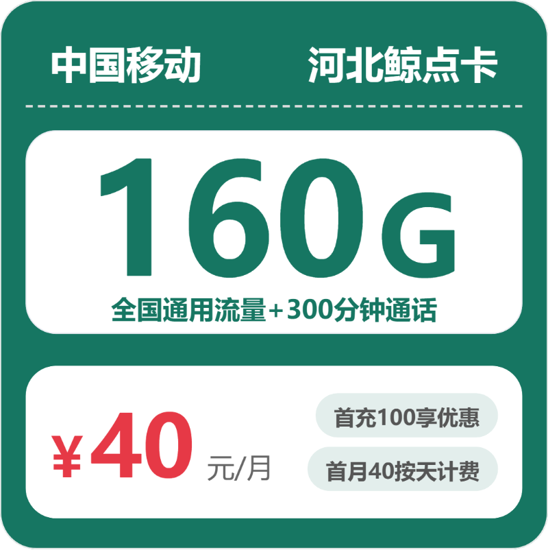 移动河北鲸点卡40元/月160G流量+300分钟通话-套餐解读