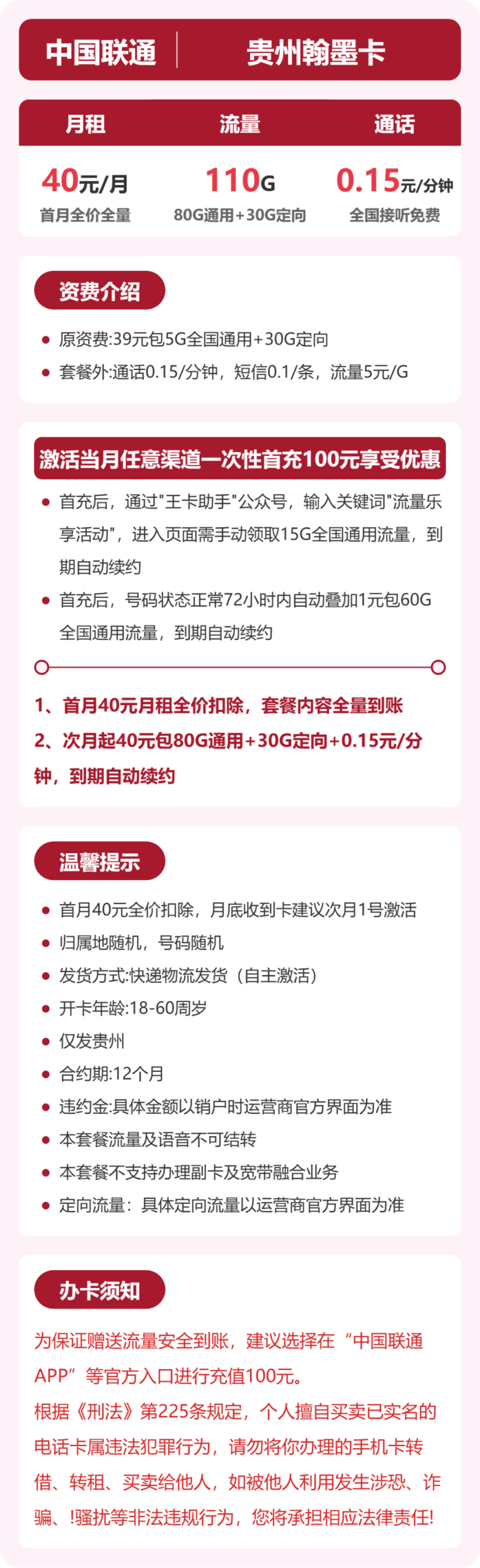 联通贵州翰墨卡详情