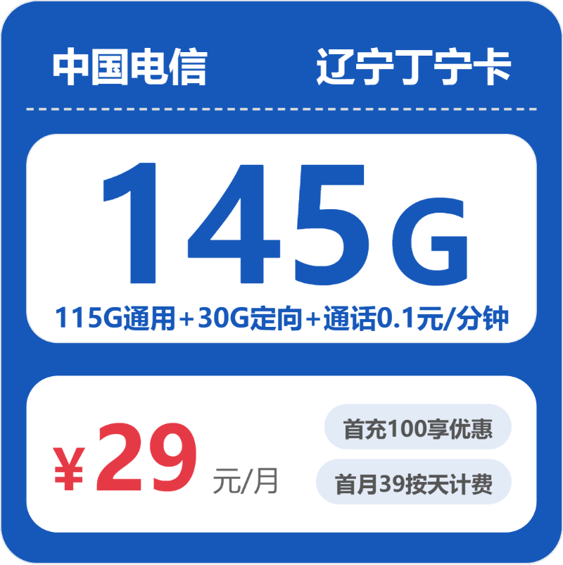 电信辽宁丁宁卡29元/月145G流量+通话0.1元/分钟-套餐详情