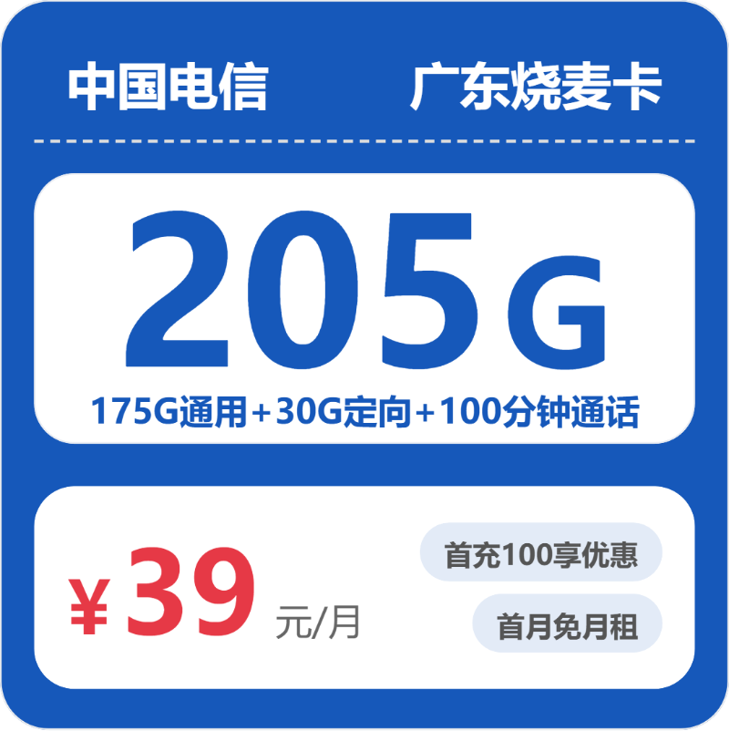 电信广东烧麦卡②39元/月205G流量+100分钟通话-套餐说明
