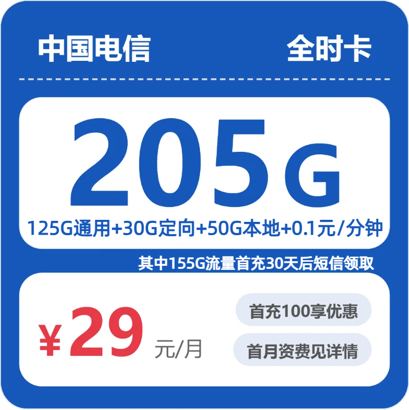 电信省内全时卡29元/月205G流量+通话0.1元/分钟-套餐信息