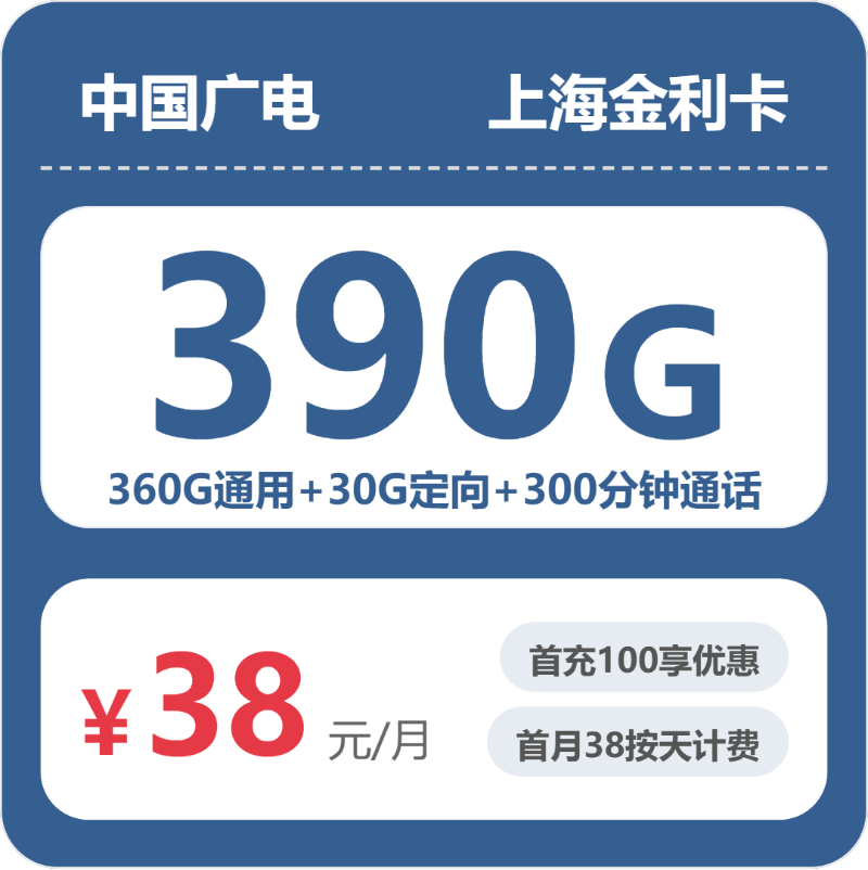广电上海金利卡38元/月390G流量+300分钟通话-套餐详解