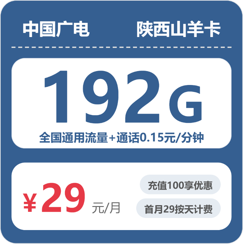 广电陕西山羊卡29元/月192G流量+通话0.15元/分钟-套餐详解