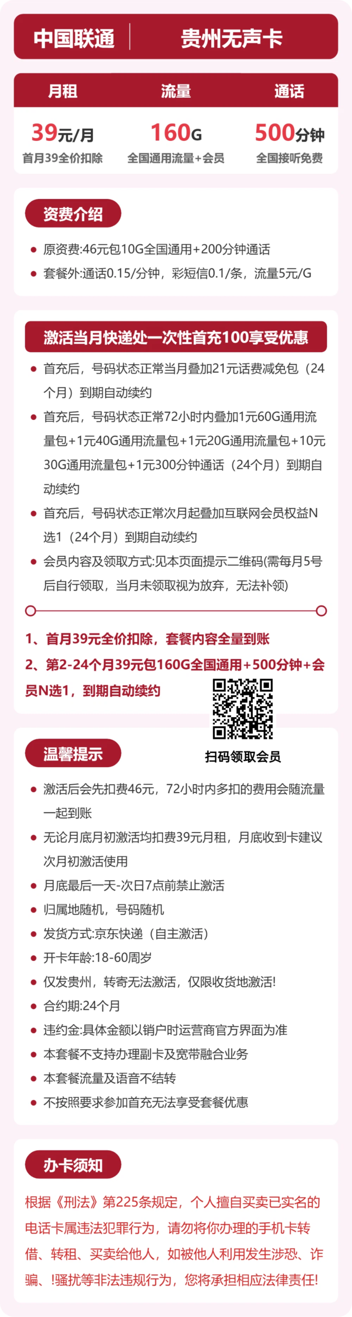 联通贵州无声卡详情
