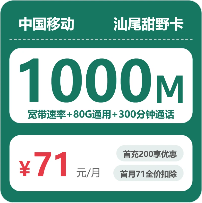 移动汕尾甜野卡71元/月80G流量+300分钟通话-套餐一览
