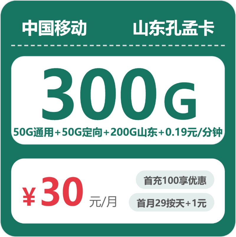 移动山东孔孟卡③30元/月300G流量+通话0.19元/分钟-套餐信息