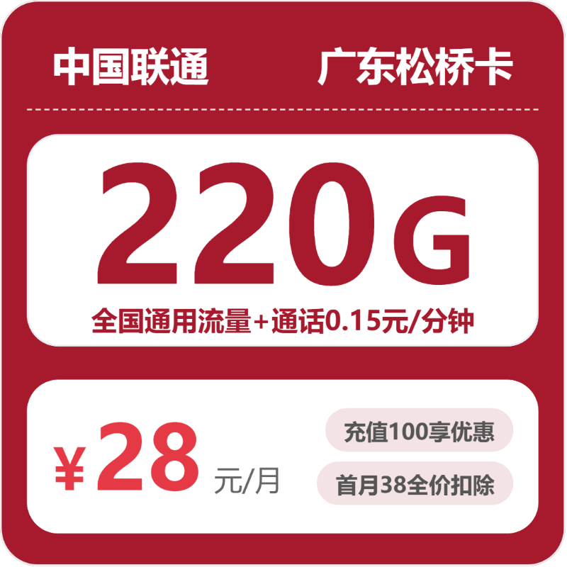 联通广东松桥卡28元/月220G流量+通话0.15元/分钟-套餐详情