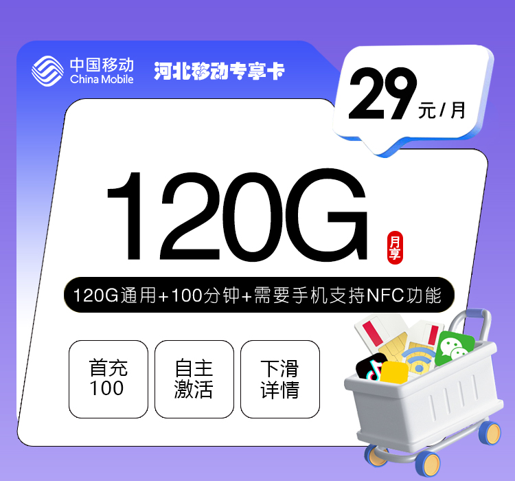 移动河北专享卡④29元/月120G流量+100分钟通话-套餐一览