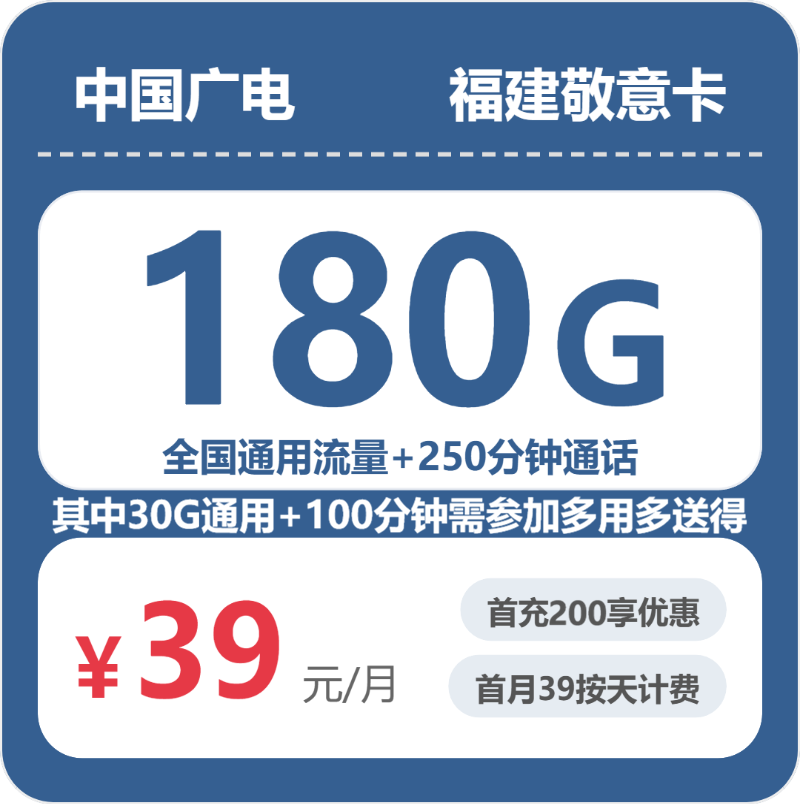 广电福建敬意卡③39元/月180G流量+250分钟通话-套餐详情