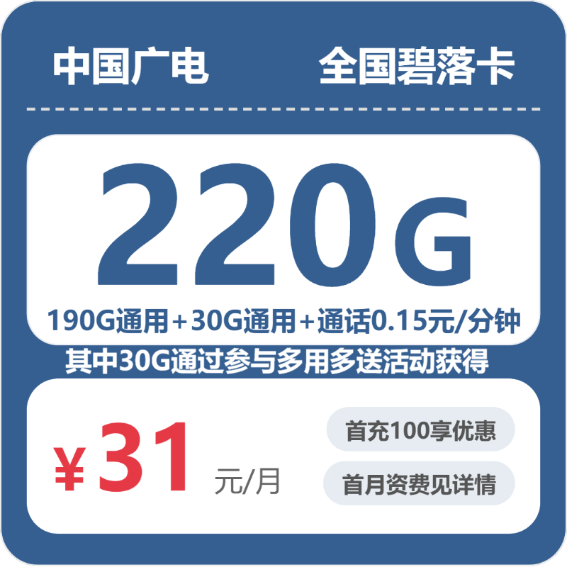 广电全国碧落卡31元/月220G流量+通话0.15/分钟-套餐详解