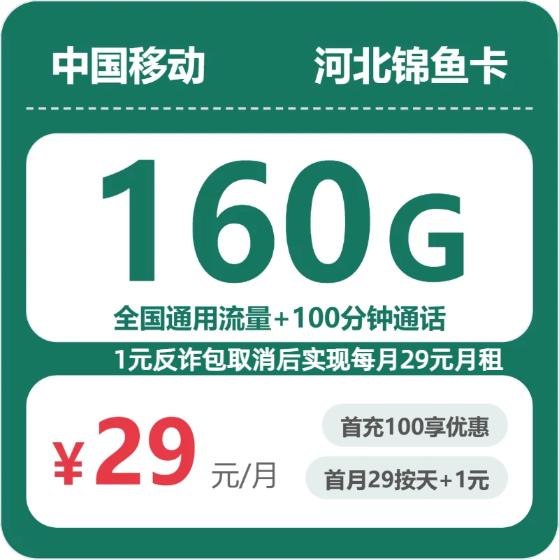 移动河北锦鱼卡29元/月160G流量+100分钟通话-套餐一览