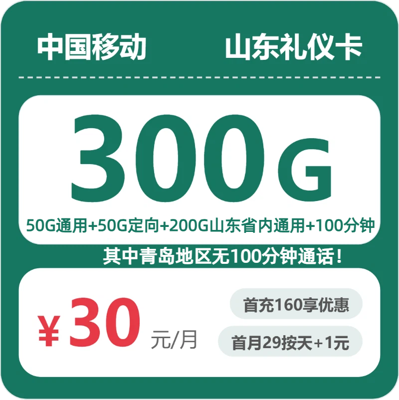移动山东礼仪卡30元/月300G流量+100分钟通话-套餐解读