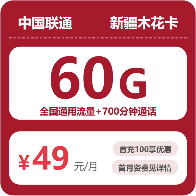联通新疆木花卡49元/月60G流量+700分钟通话-套餐明细