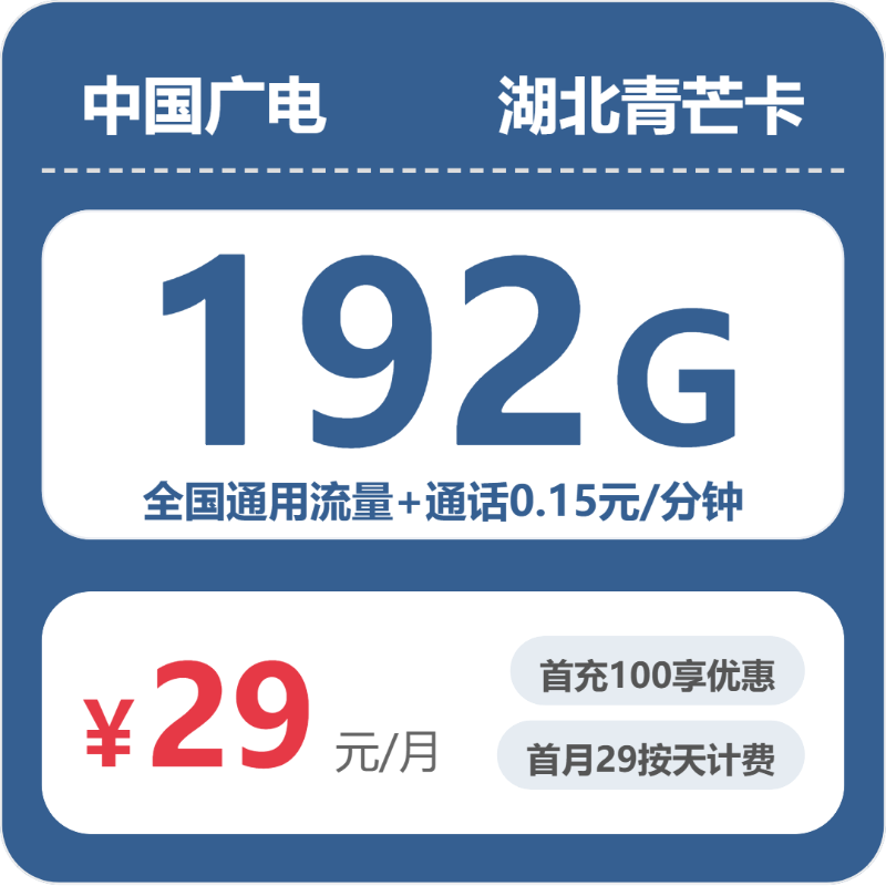 广电湖北青芒卡29元/月192G流量+通话0.15元/分钟-套餐详情