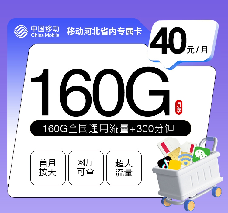 移动河北省内专属卡⑥40元/月160G流量+300分钟通话-套餐解读