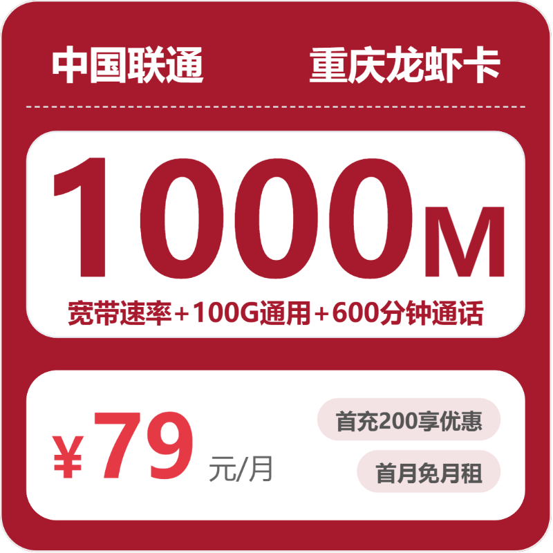 联通重庆龙虾卡②79元/月100G流量+600分钟通话-套餐说明