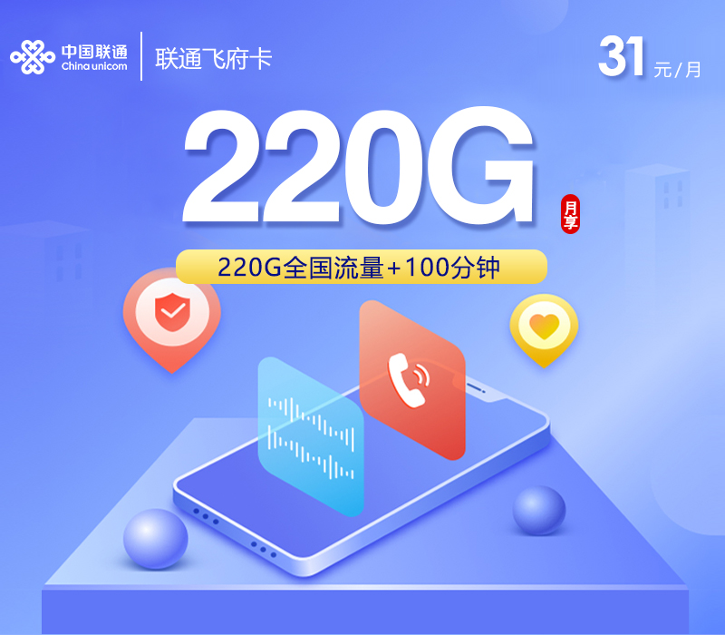 联通飞府卡31元/月220G流量+100分钟通话-套餐详解