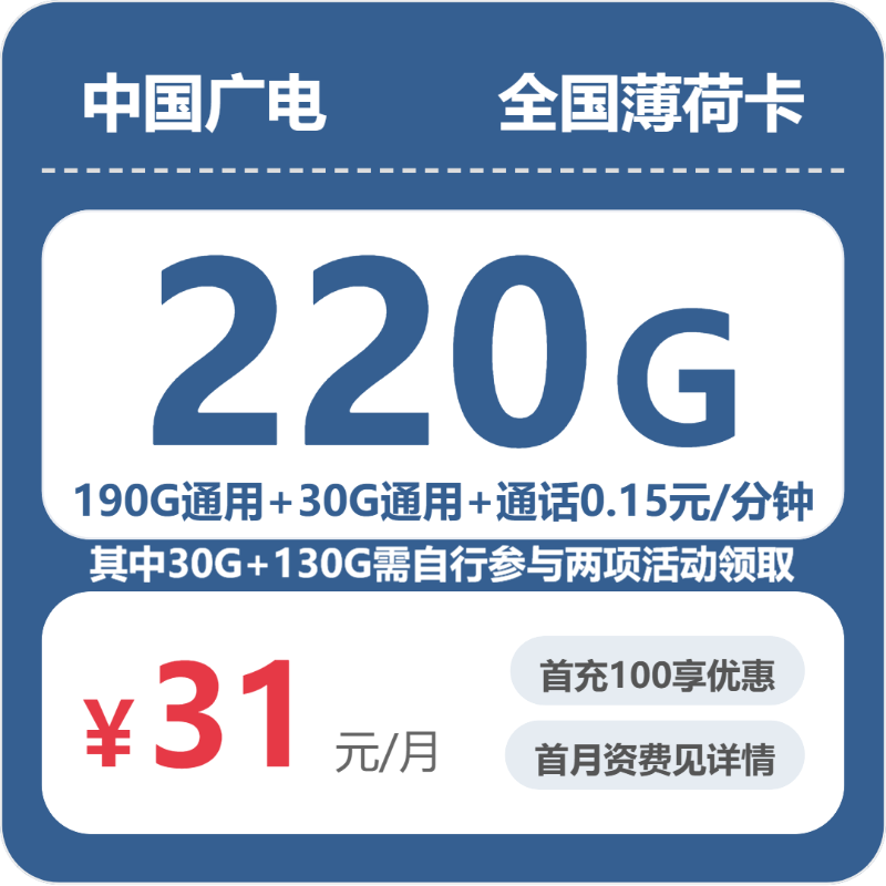 广电全国薄荷卡31元/月220G流量+通话0.15/分钟-套餐信息