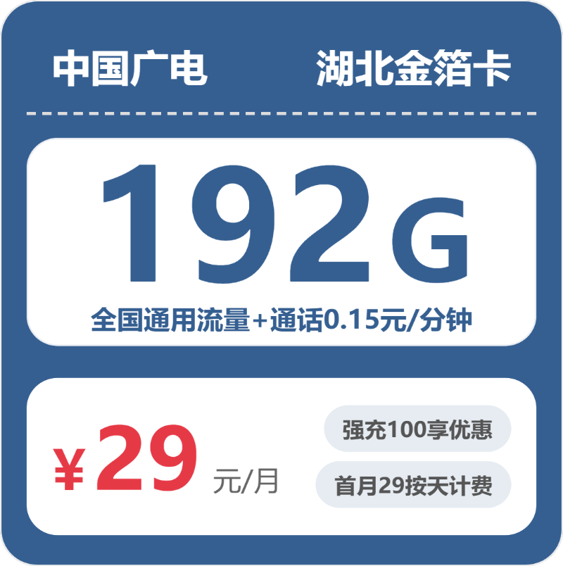 广电湖北金箔卡29元/月192G流量+通话0.15元/分钟-套餐详情